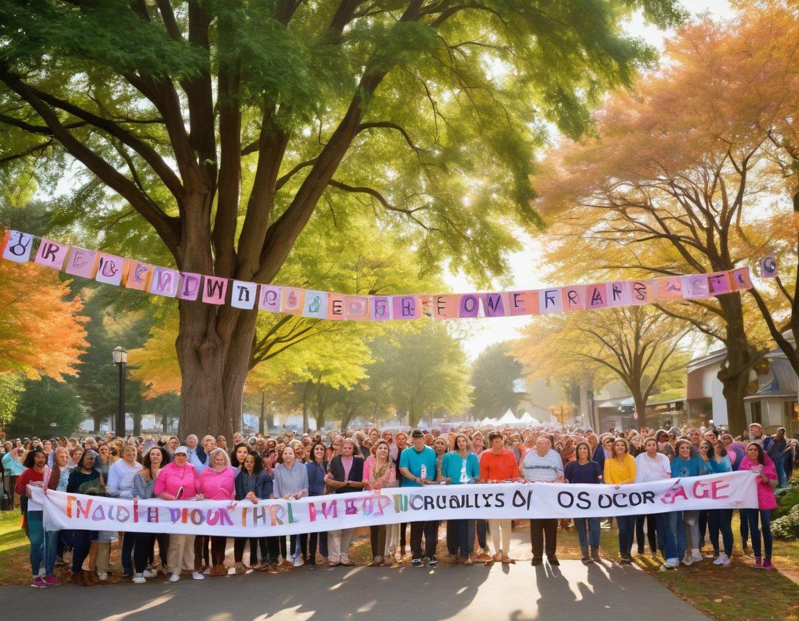 A warm, inviting community gathering with diverse individuals of all ages sharing stories of hope and support, surrounded by bright green trees and colorful banners promoting cancer awareness. Emphasize connection, friendship, and empowerment with smiles and gestures of encouragement. A backdrop of a sunny sky symbolizes hope and a bright future. super-realistic. vibrant colors. outdoor setting.