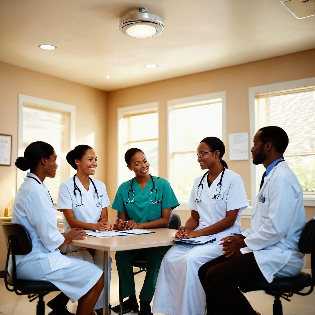 A serene healthcare environment showcasing a compassionate healthcare team discussing a patient's treatment options. Include symbolic elements like a light beam shining on a stethoscope, and a diverse group of patients finding strength together. The background should be filled with soft, calming colors and the words 'Hope and Healing' subtly incorporated. super-realistic. warm tones. soft focus.