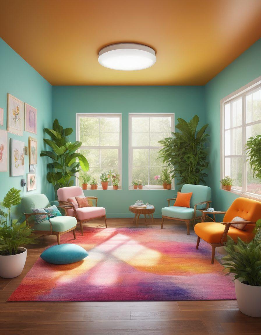 A comforting scene showing a diverse group of patients engaged in various innovative therapies like art therapy, virtual reality sessions, and group support meetings, all in a bright, welcoming therapy center. Include elements like soothing colors, supportive mentors guiding the patients, and symbols of hope such as blooming plants and open windows. The atmosphere should radiate positivity and recovery. super-realistic. vibrant colors. warm ambiance.